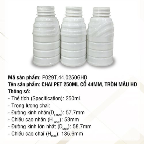 Chai Pet 250ml Cổ 44mm Tròn Mẫu HD