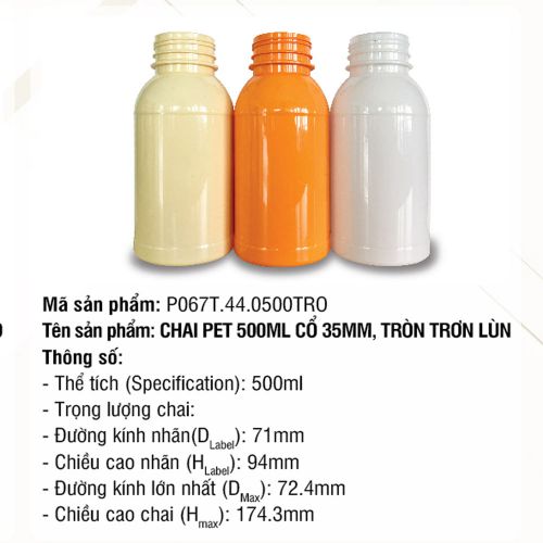 Chai Pet 500ml Cổ 35mm, Tròn Trơn Lùn