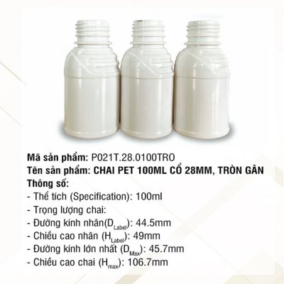Chai Pet 100ml Cổ 28mm Tròn Gân - P021T-28-0100-TRO