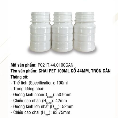 Chai Pet 100ml Cổ 44mm Tròn Gân