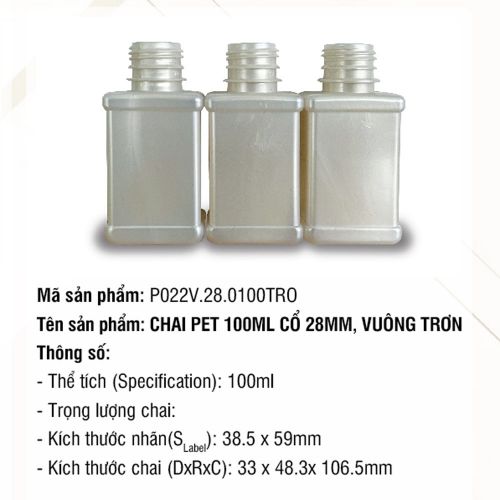 Chai Pet 100ml Cổ 28mm, Vuông Tròn