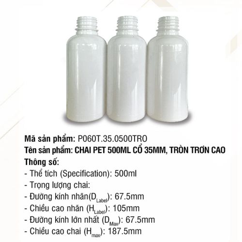 Chai Pet 500ml Cổ 35mm, Tròn Trơn Cao
