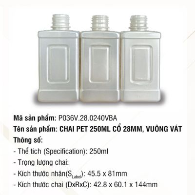 Chai Pet 250ml Cổ 28mm, Vuông Vát