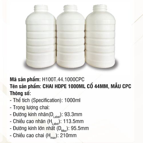 Chai HDPE 1000ml Cổ 44mm, Mẫu CPC