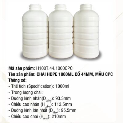 Chai HDPE 1000ml Cổ 44mm, Mẫu CPC