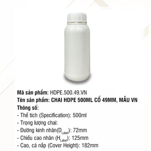 Chai HDPE 500ml Cổ 49mm, Mẫu VN