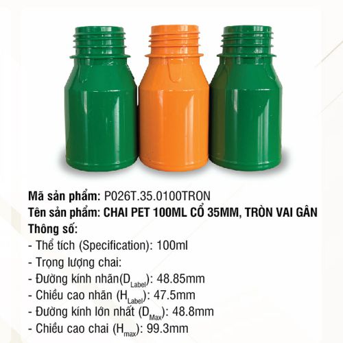 Chai Pet 100ml Cổ 35mm Tròn Vai Gân