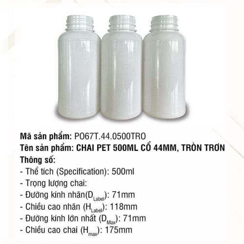 Chai Pet 500ml Cổ 44mm Tròn Trơn