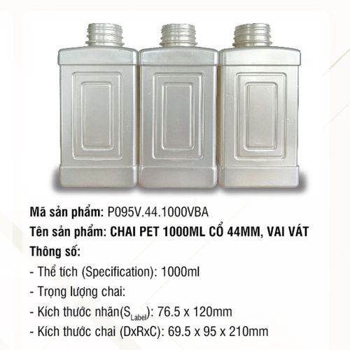 Chai Pet 1000ml Cổ 44mm, Vai Vát