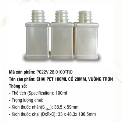 Chai Pet 100ml Cổ 28mm, Vuông Tròn