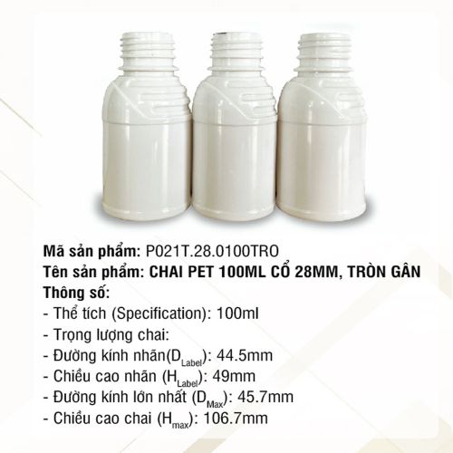 Chai Pet 100ml Cổ 28mm Tròn Gân - P021T-28-0100-TRO