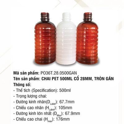 Chai Pet 500ml Cổ 28mm Tròn Gân