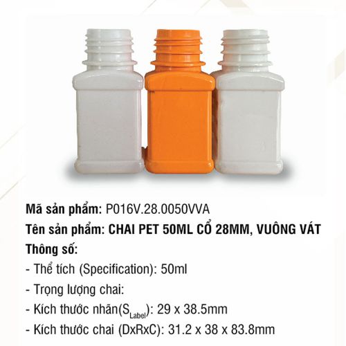 Chai Pet 50ml Cổ 28mm, Vuông Vát