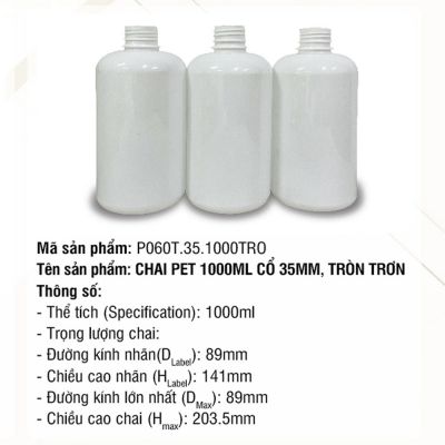 Chai Pet 1000ml Cổ 35mm, Tròn Trơn
