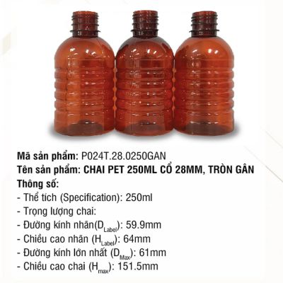 Chai Pet 250ml Cổ 28mm Tròn Gân