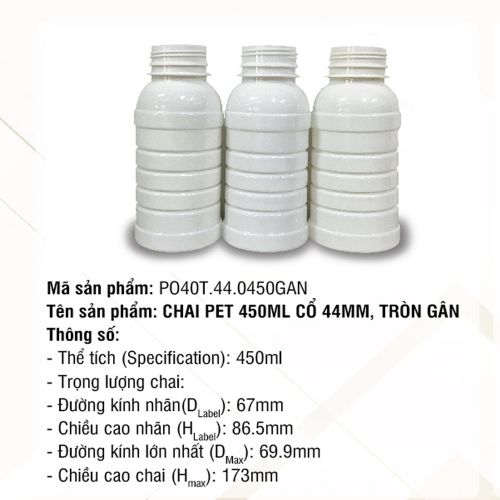 Chai Pet 450ml Cổ 44mm Tròn Gân