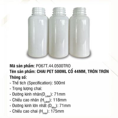 Chai Pet 500ml Cổ 44mm Tròn Trơn