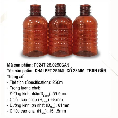Chai Pet 250ml Cổ 28mm Tròn Gân