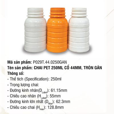 Chai Pet 250ml Cổ 44mm Tròn Gân