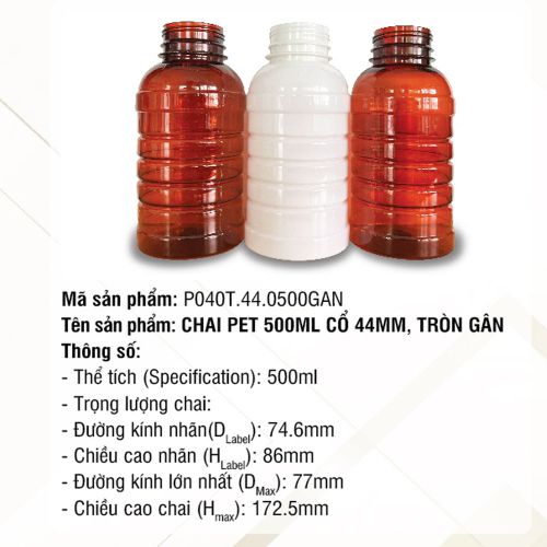 Chai Pet 500ml Cổ 44mm Tròn Gân